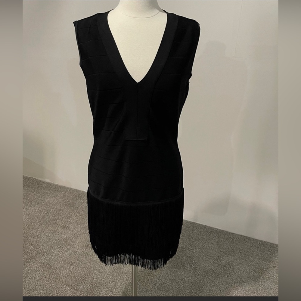 Black, fringe, gold zipper cocktail dress. Size 16